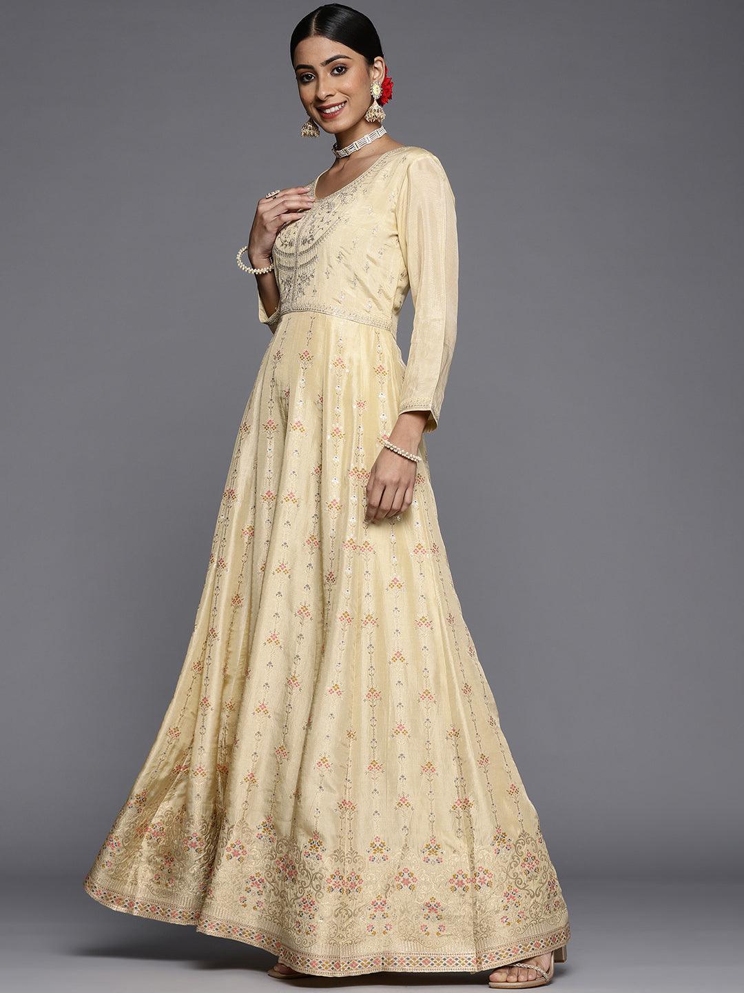 Yellow Self Design Silk Anarkali Suit Set - ShopLibas