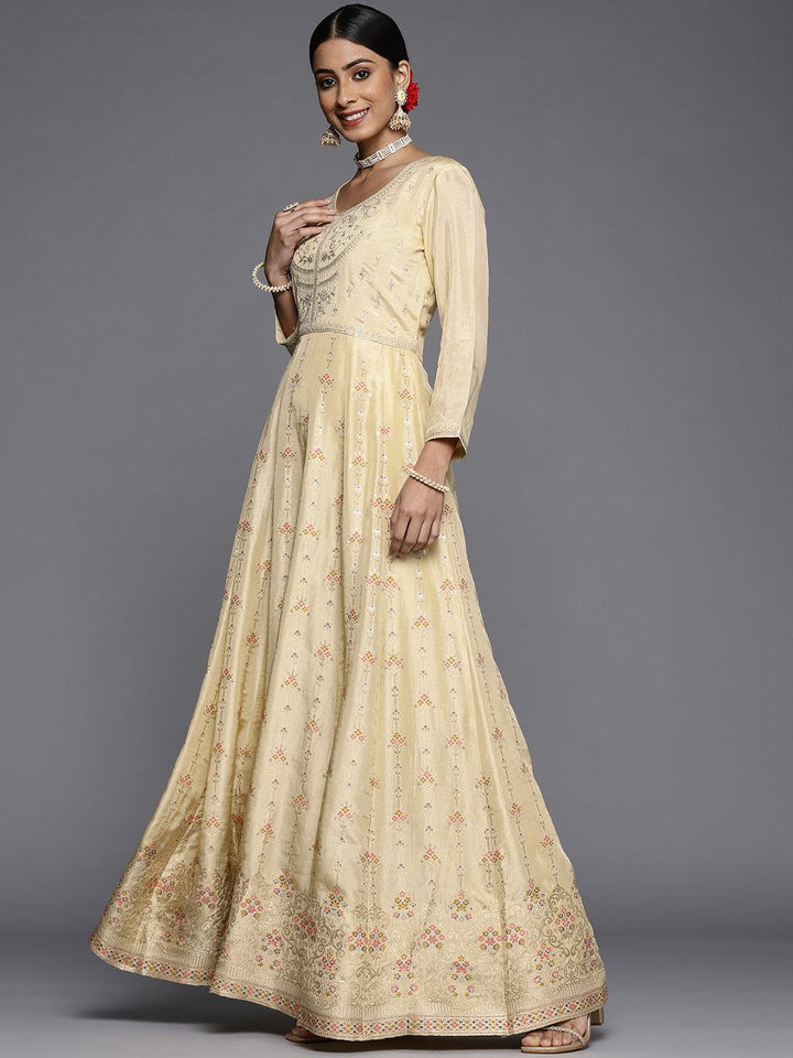 Yellow Self Design Silk Anarkali Suit Set - ShopLibas