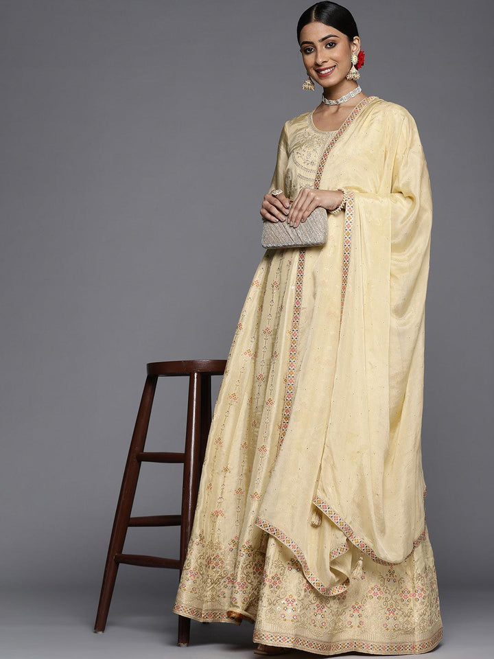 Yellow Self Design Silk Anarkali Suit Set - ShopLibas