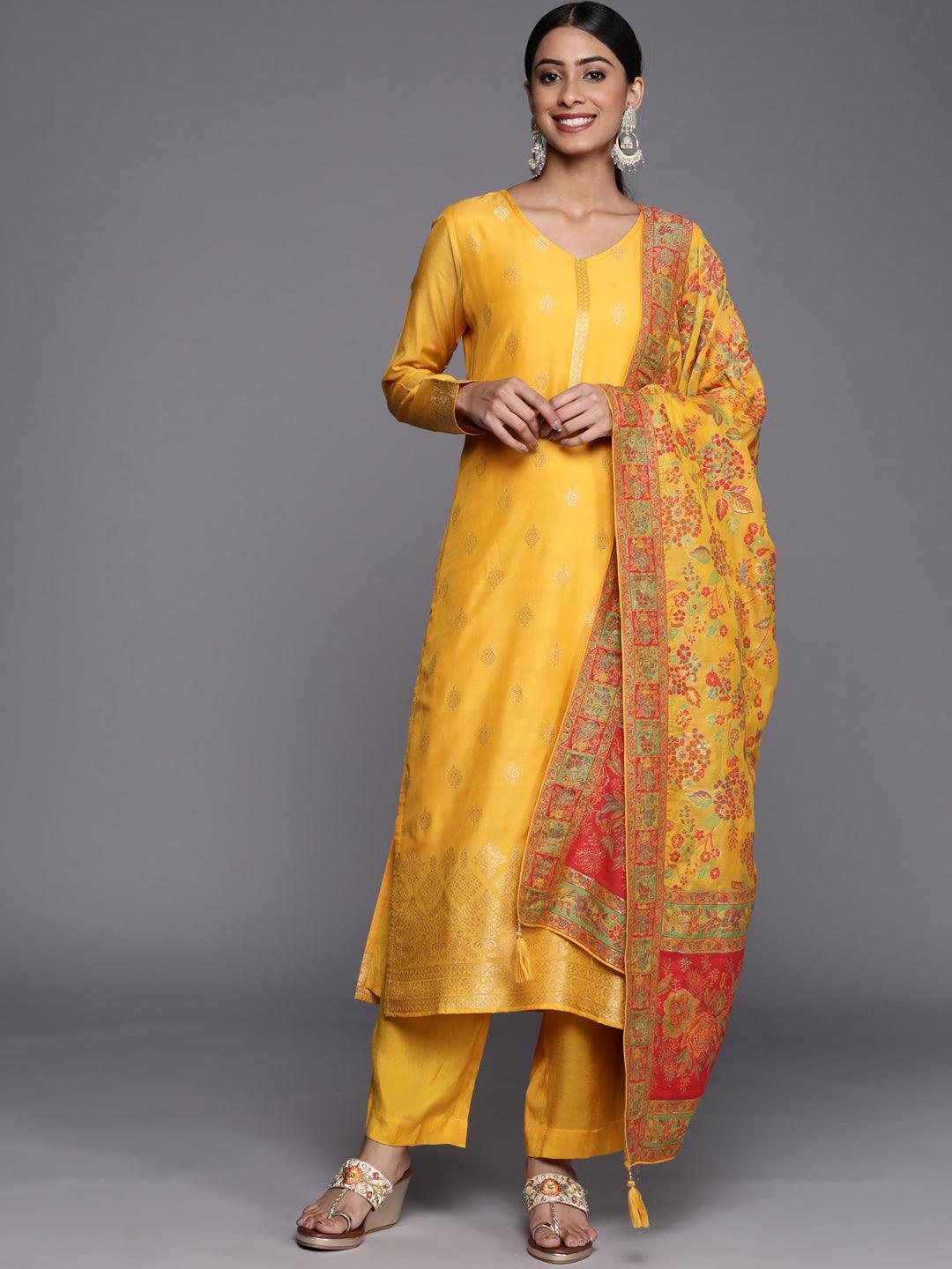 Yellow Self Design Silk Blend Straight Suit Set - ShopLibas