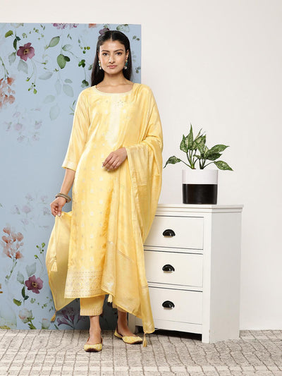 Yellow Self Design Silk Blend Suit Set With Trousers - ShopLibas