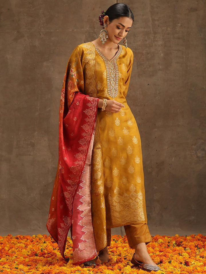 Yellow Self Design Silk Suit Set With Trousers