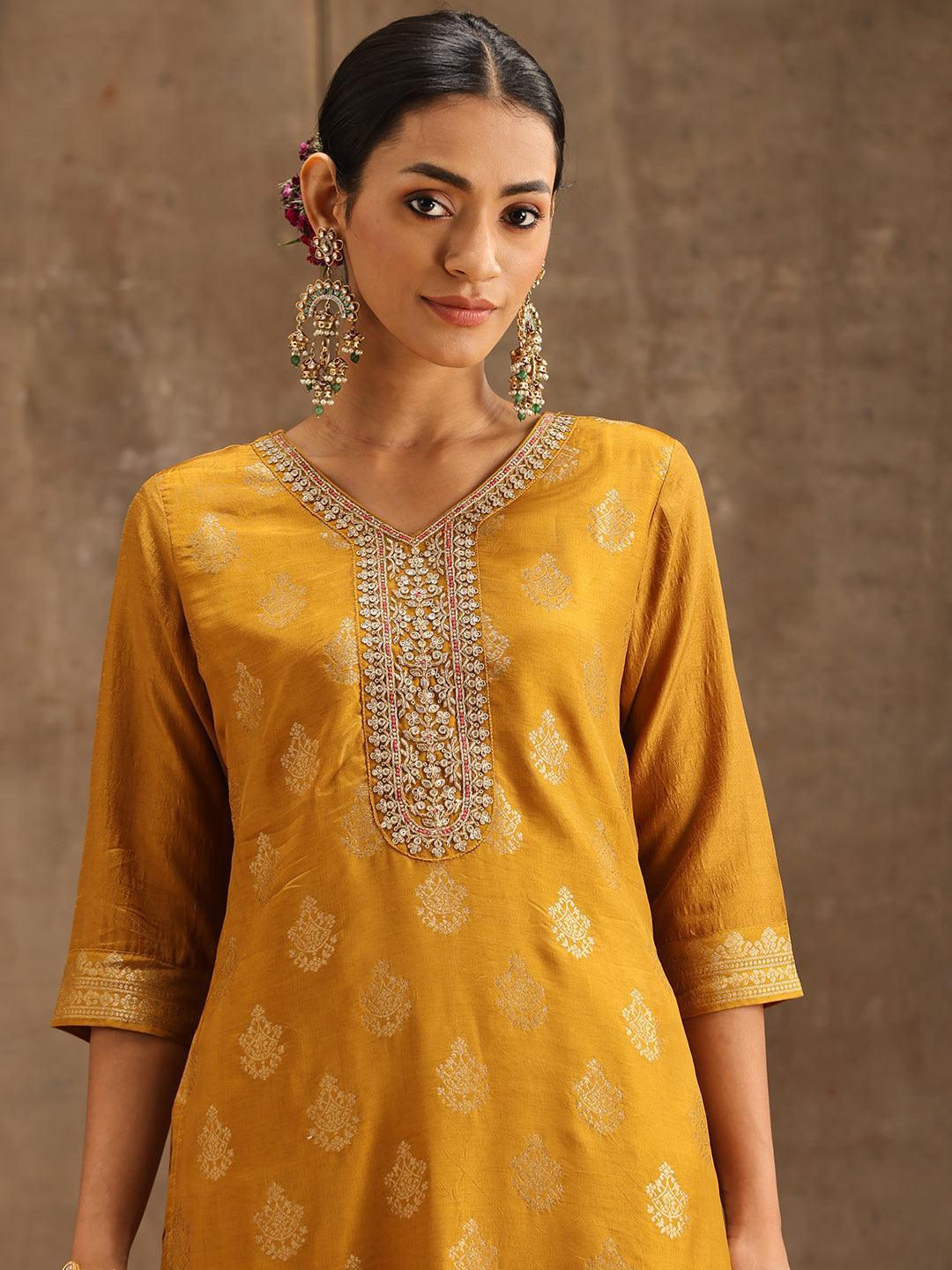 Yellow Self Design Silk Suit Set With Trousers - ShopLibas 