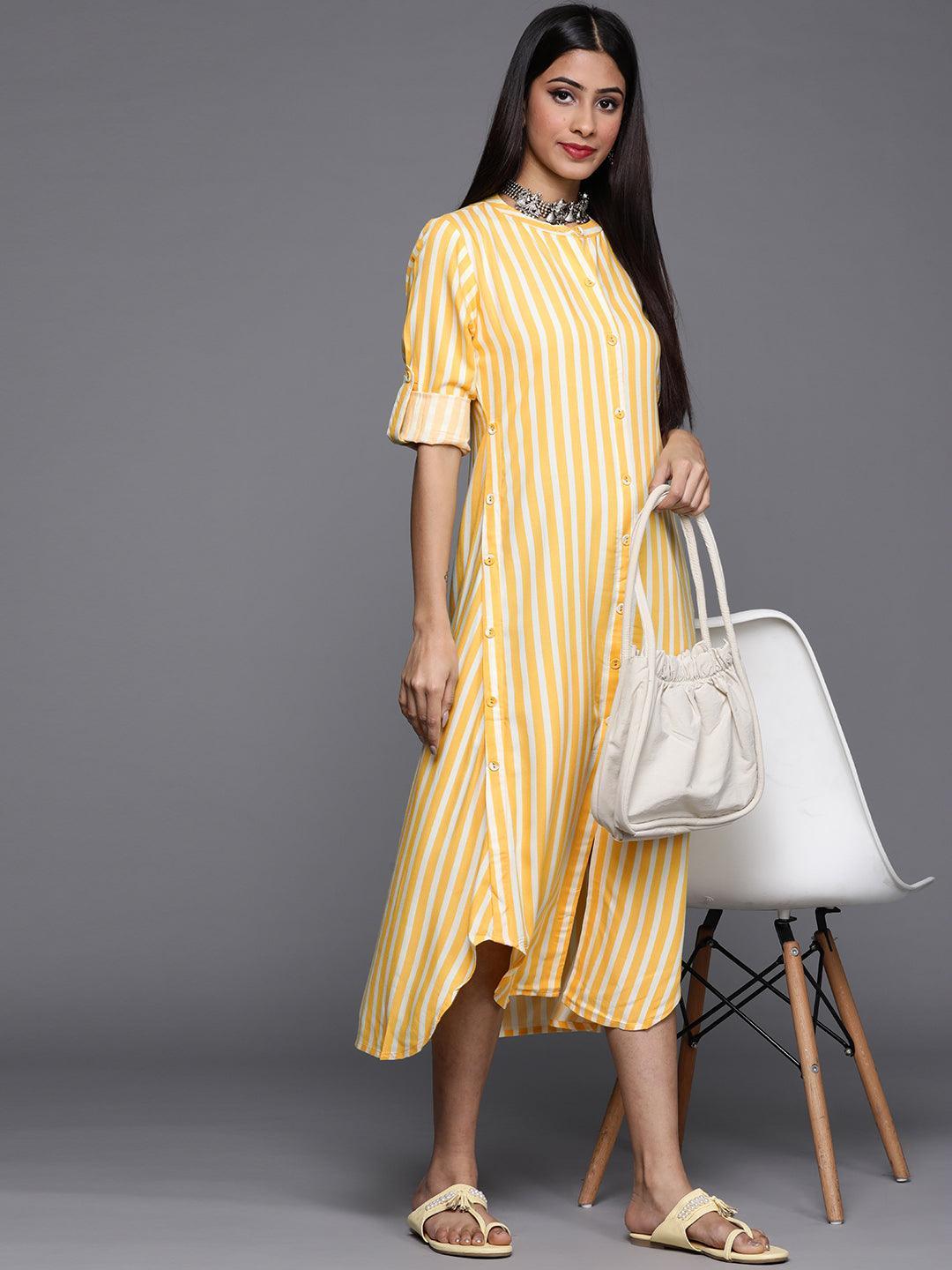 Yellow Striped Rayon Dress - ShopLibas
