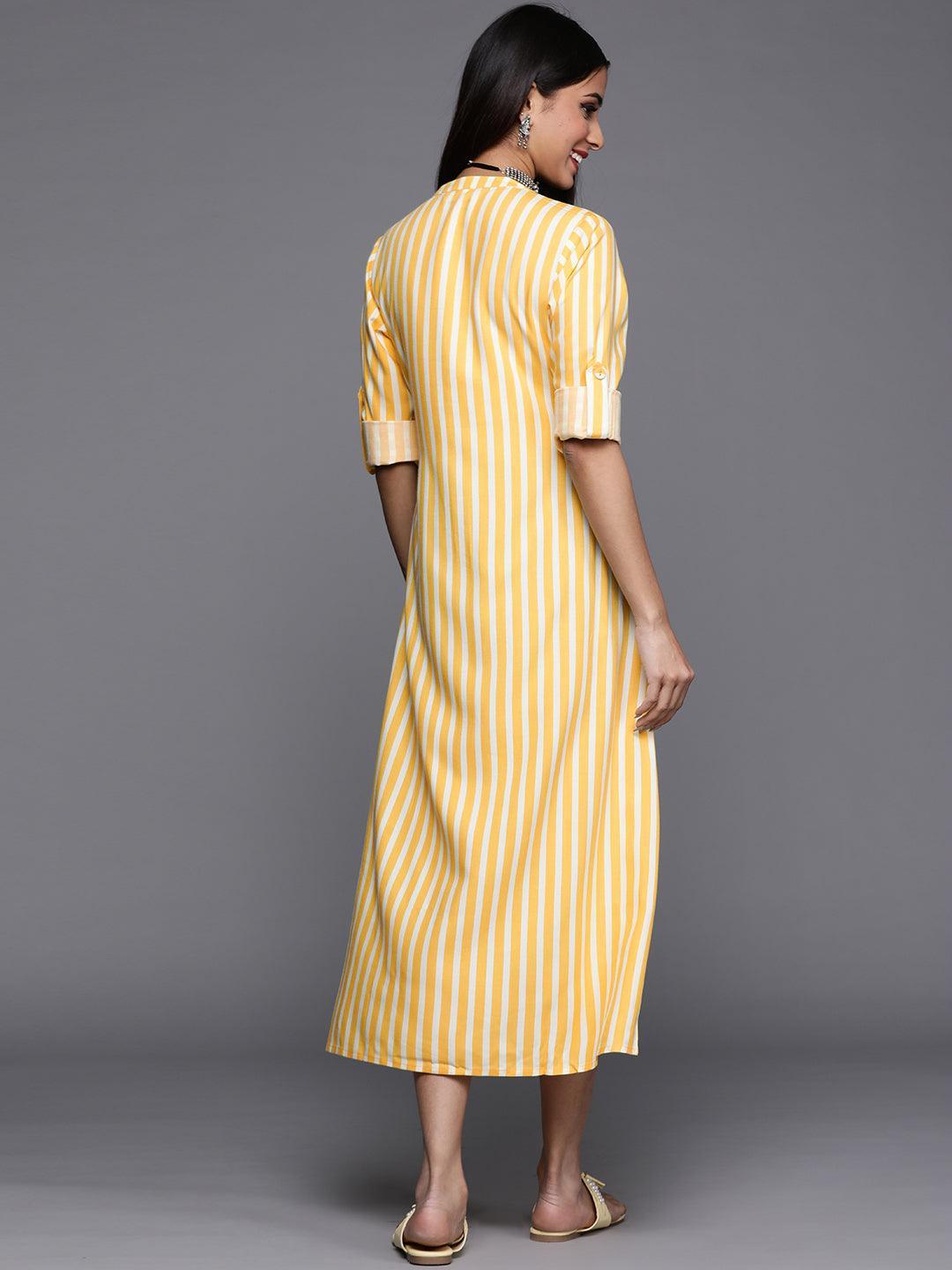 Yellow Striped Rayon Dress - ShopLibas
