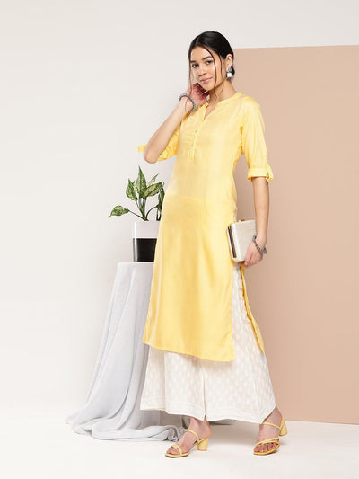 Yellow Woven Design Cotton Straight Kurta - ShopLibas