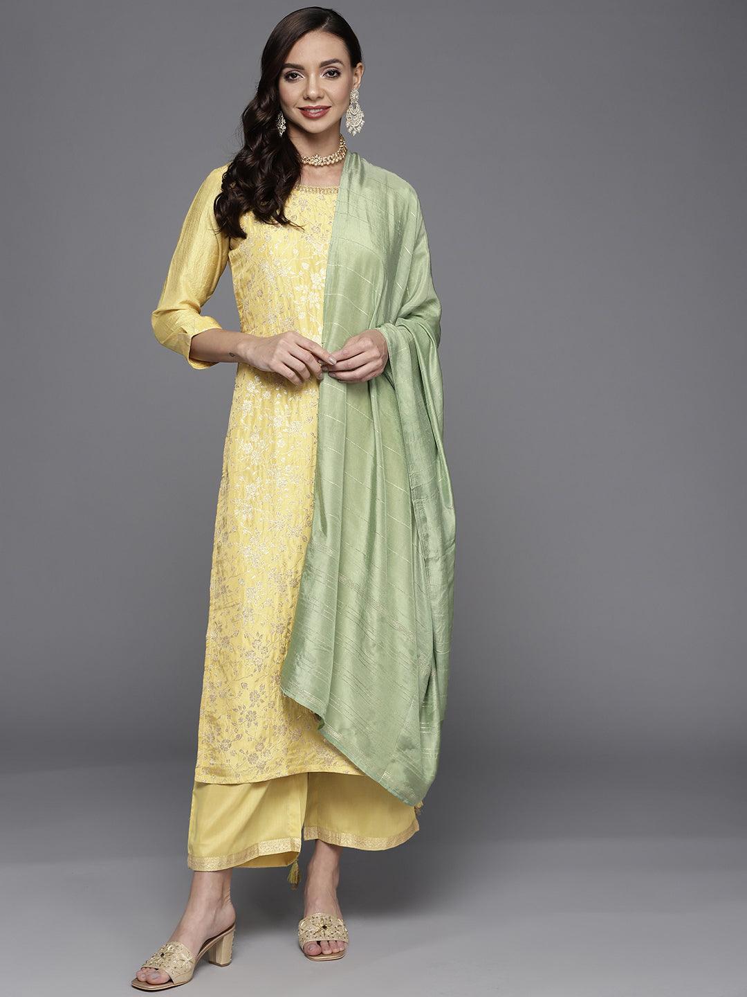 Yellow Woven Design Silk Blend Straight Suit Set - ShopLibas