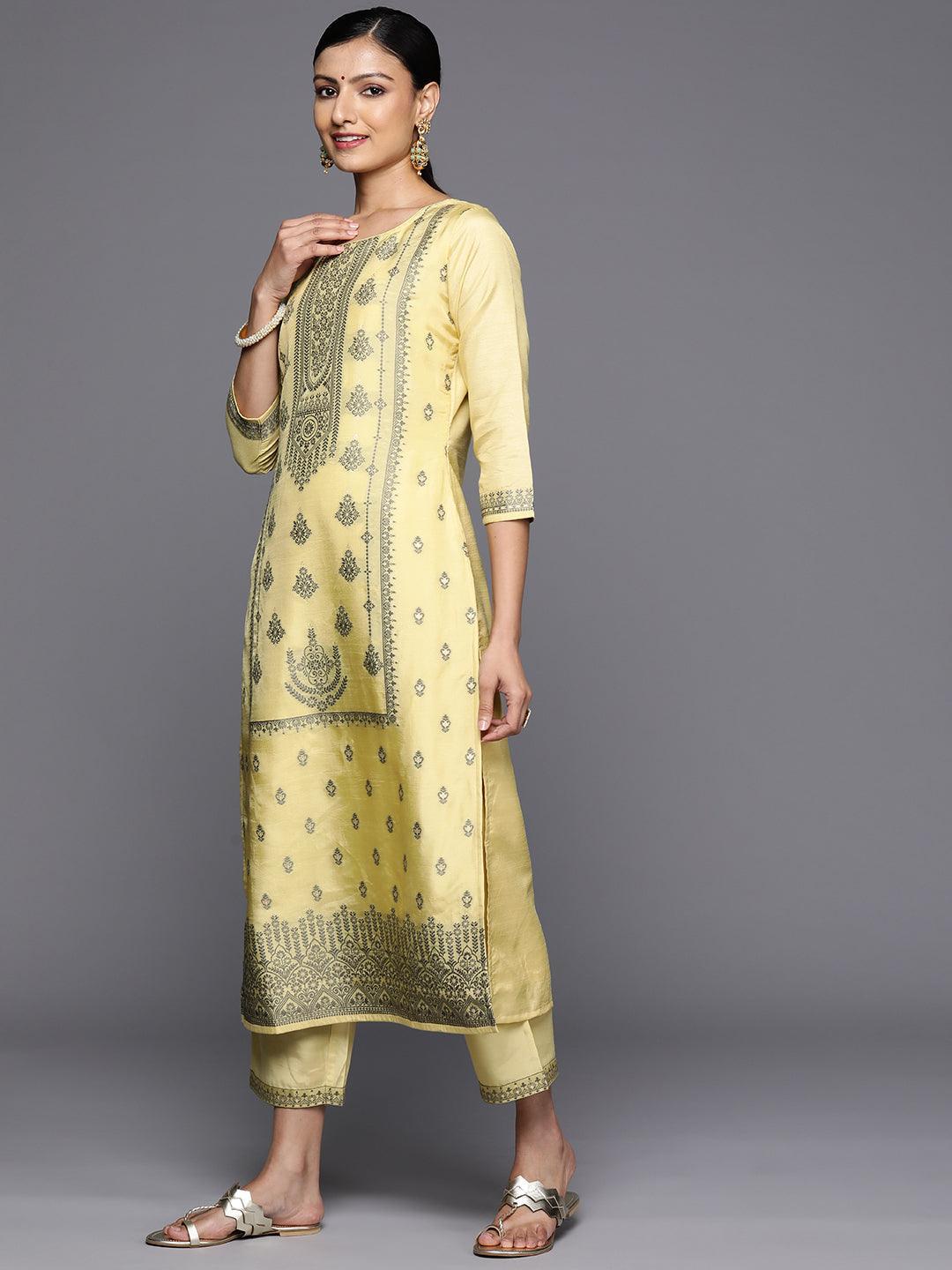 Yellow Woven Design Chanderi Silk A-Line Kurta With Trousers & Dupatta