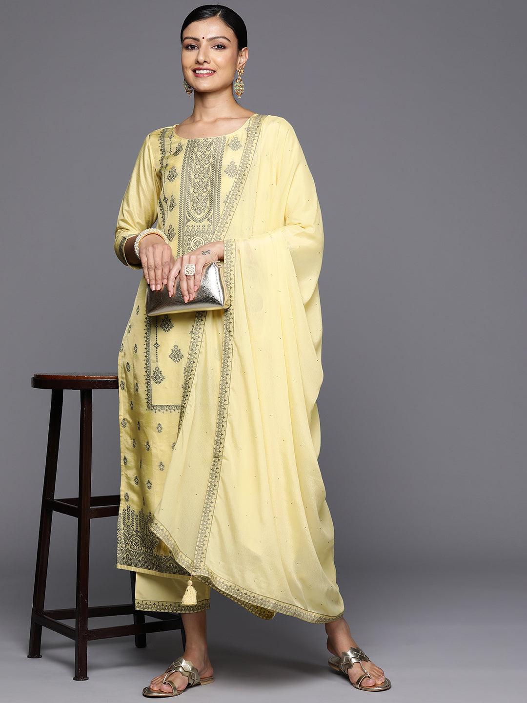Yellow Printed Silk Blend Straight Kurta With Trousers & Dupatta