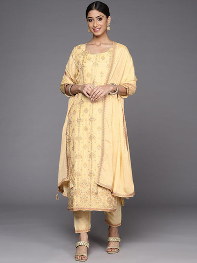Yellow Woven Design Silk Suit Set - ShopLibas