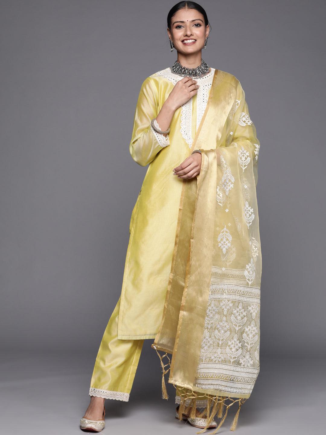 Yellow Yoke Design Chanderi Silk Straight Suit Set - ShopLibas