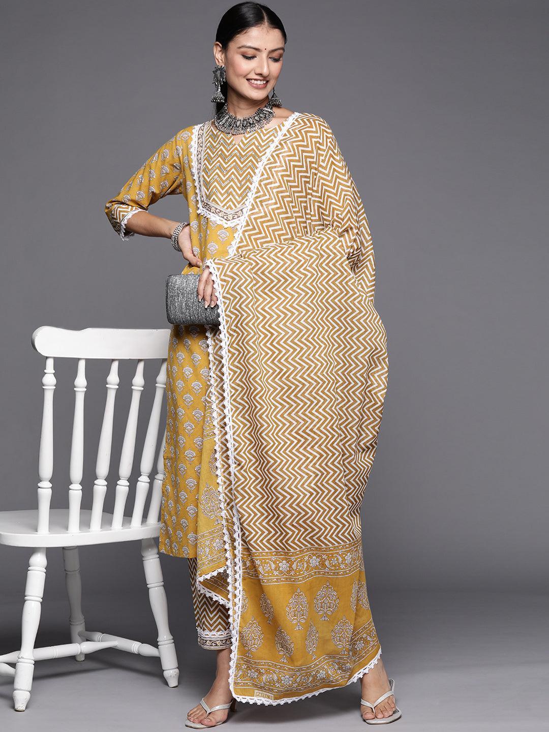Yellow Yoke Design Cotton Straight Suit Set - ShopLibas 