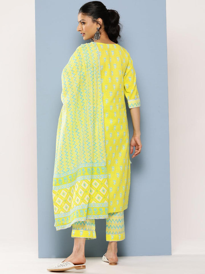 Yellow Yoke Design Cotton Straight Kurta With Trousers & Dupatta