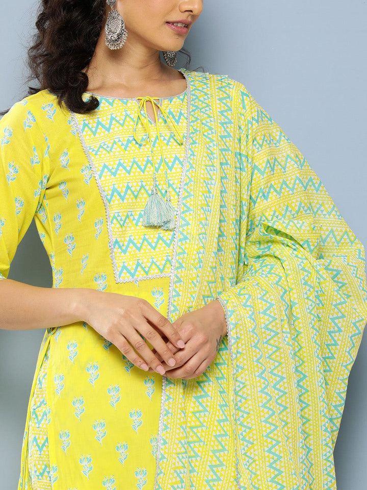Yellow Yoke Design Cotton Straight Kurta With Trousers & Dupatta