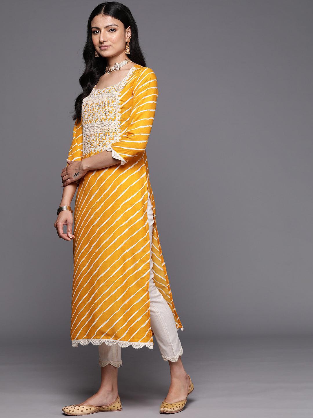 Yellow Yoke Design Silk Blend Straight Suit Set With Trousers - ShopLibas 