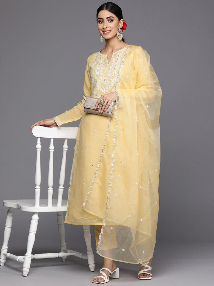 Yellow Yoke Design Silk Blend Straight Suit Set With Trousers