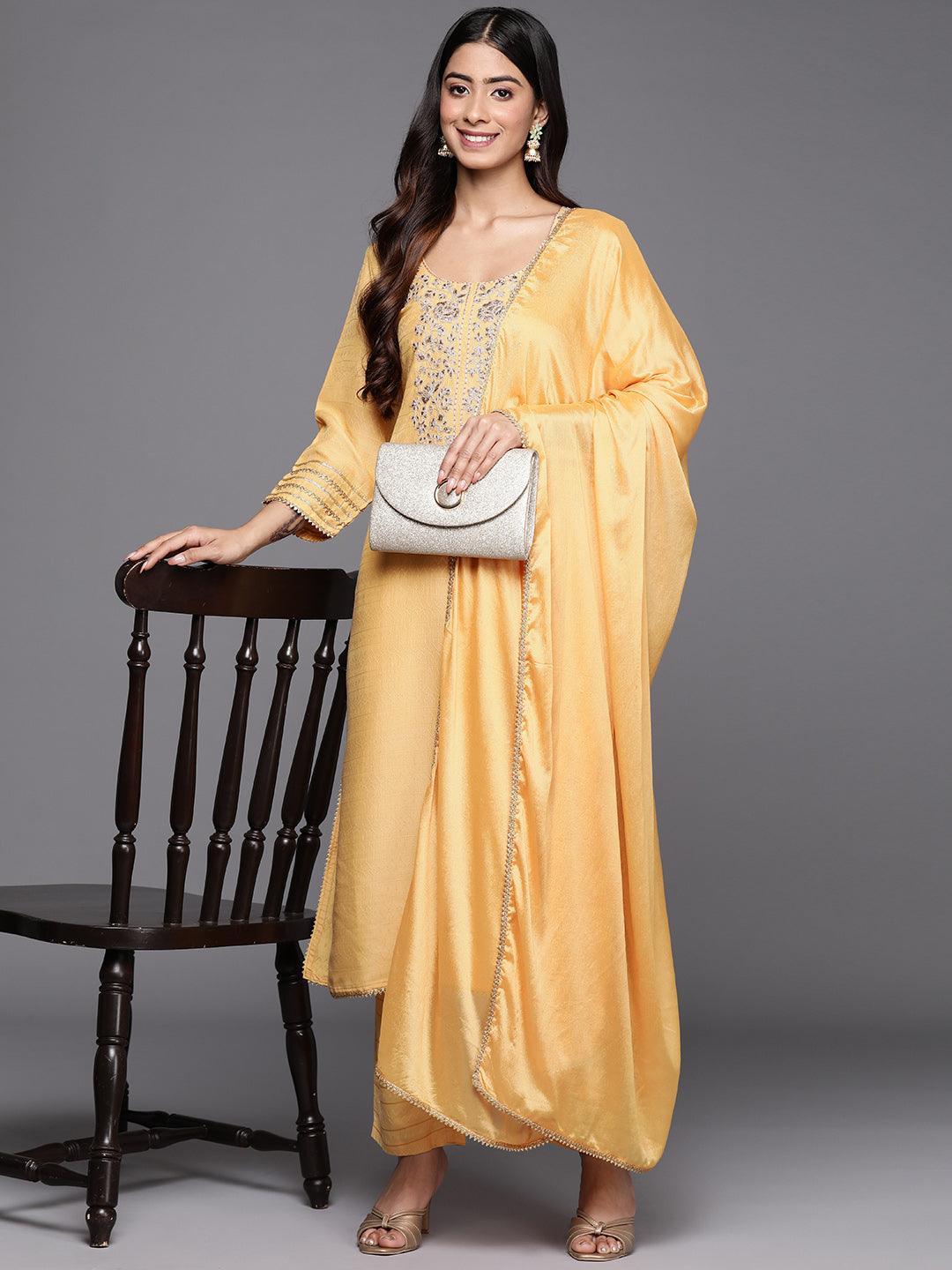 Yellow Yoke Design Silk Blend Straight Suit Set With Trousers - ShopLibas 