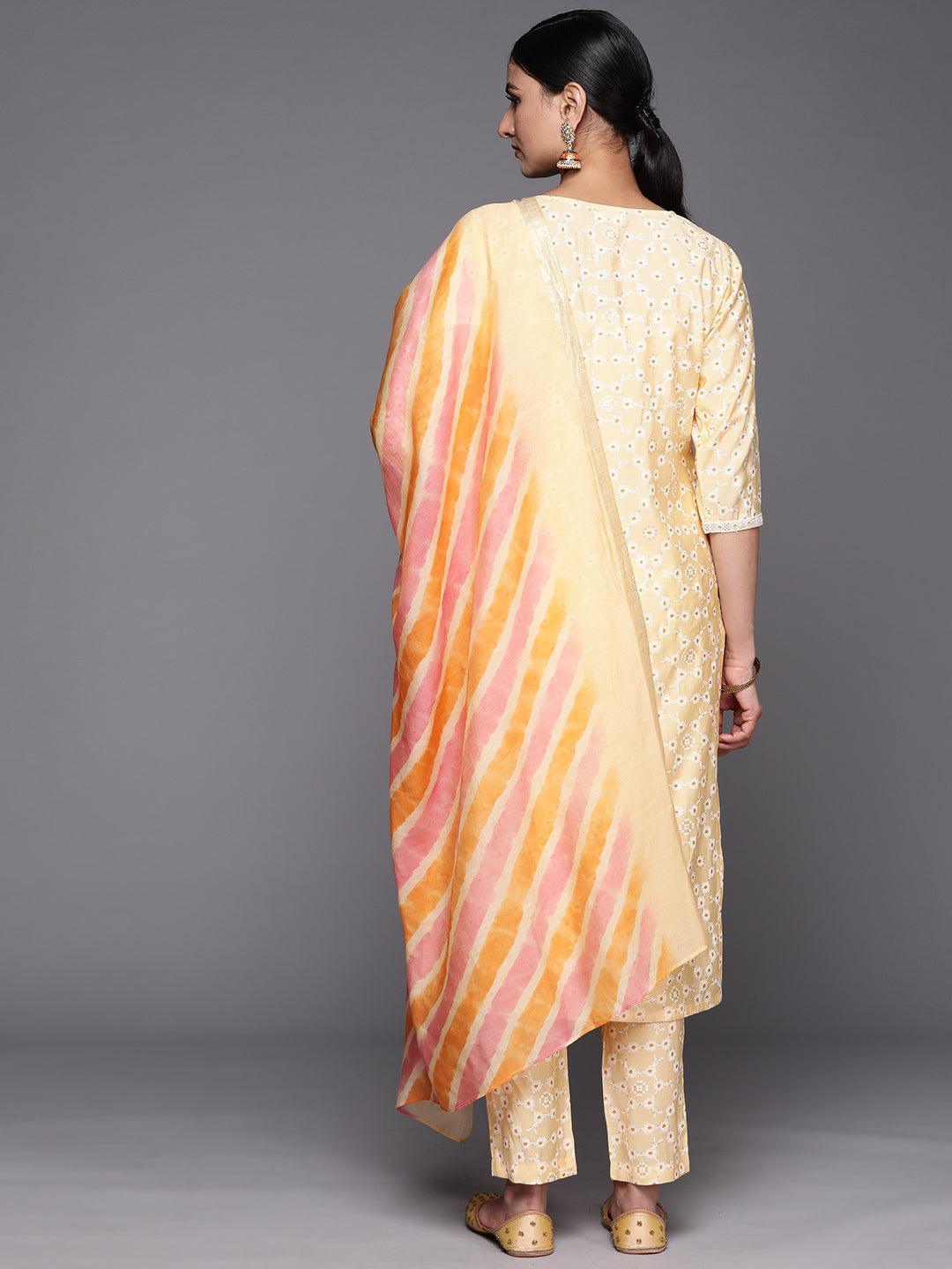 Yellow Yoke Design Silk Blend Straight Suit Set With Trousers - ShopLibas