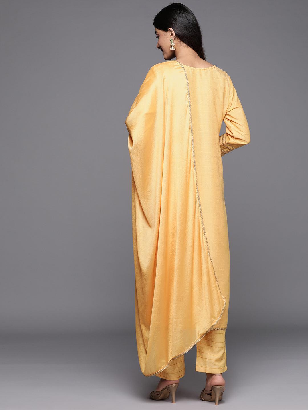 Yellow Yoke Design Silk Blend Straight Suit Set With Trousers - ShopLibas 