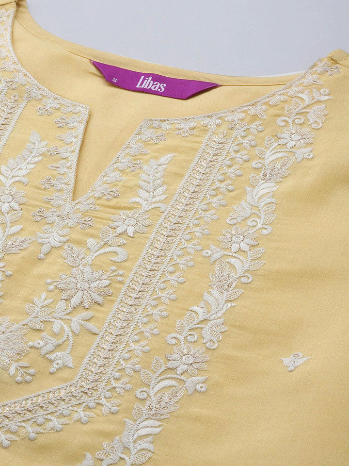 Yellow Yoke Design Silk Blend Straight Suit Set With Trousers
