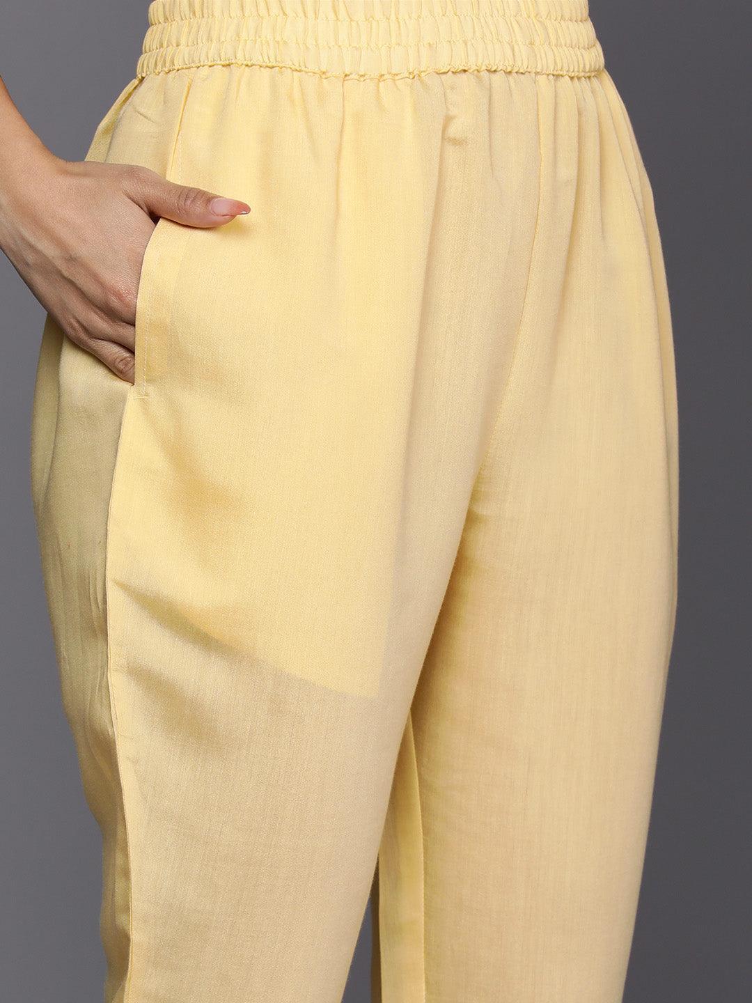 Yellow Yoke Design Silk Blend Straight Suit Set With Trousers - ShopLibas 